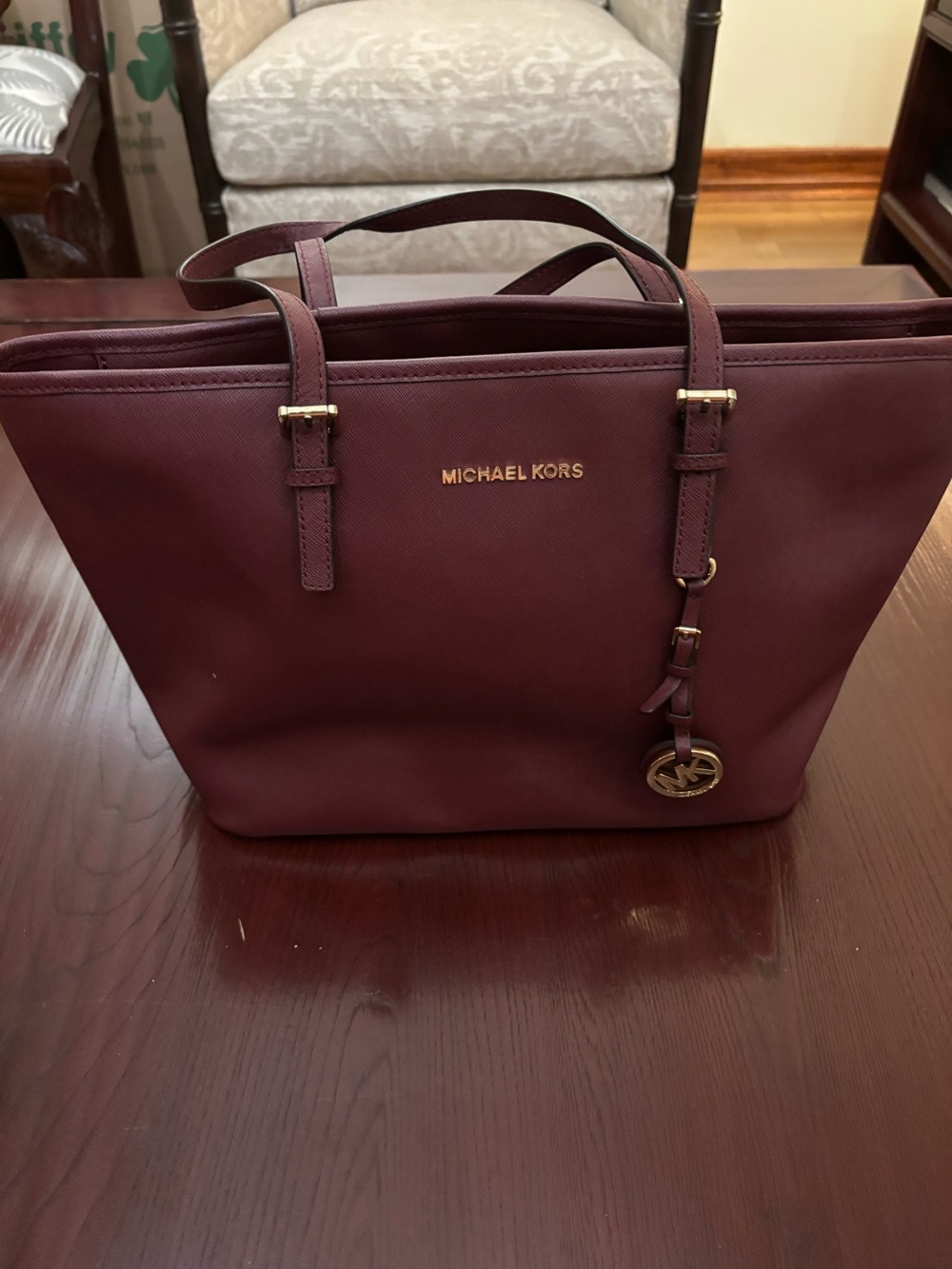 Michael Kors Burgundy Saffiano Tote with Gold Accent